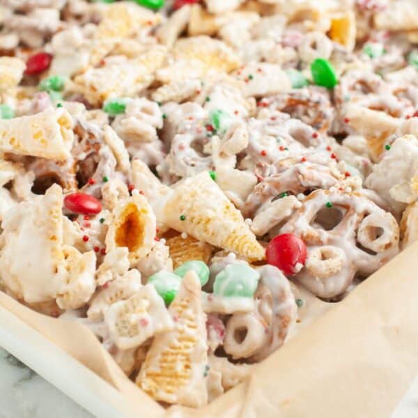 Sheet pan with snack mix.