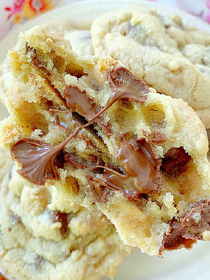 a warm chocolate and peanut butter chip cookie broken in half to show the gooey chocolate and peanut butter chips inside