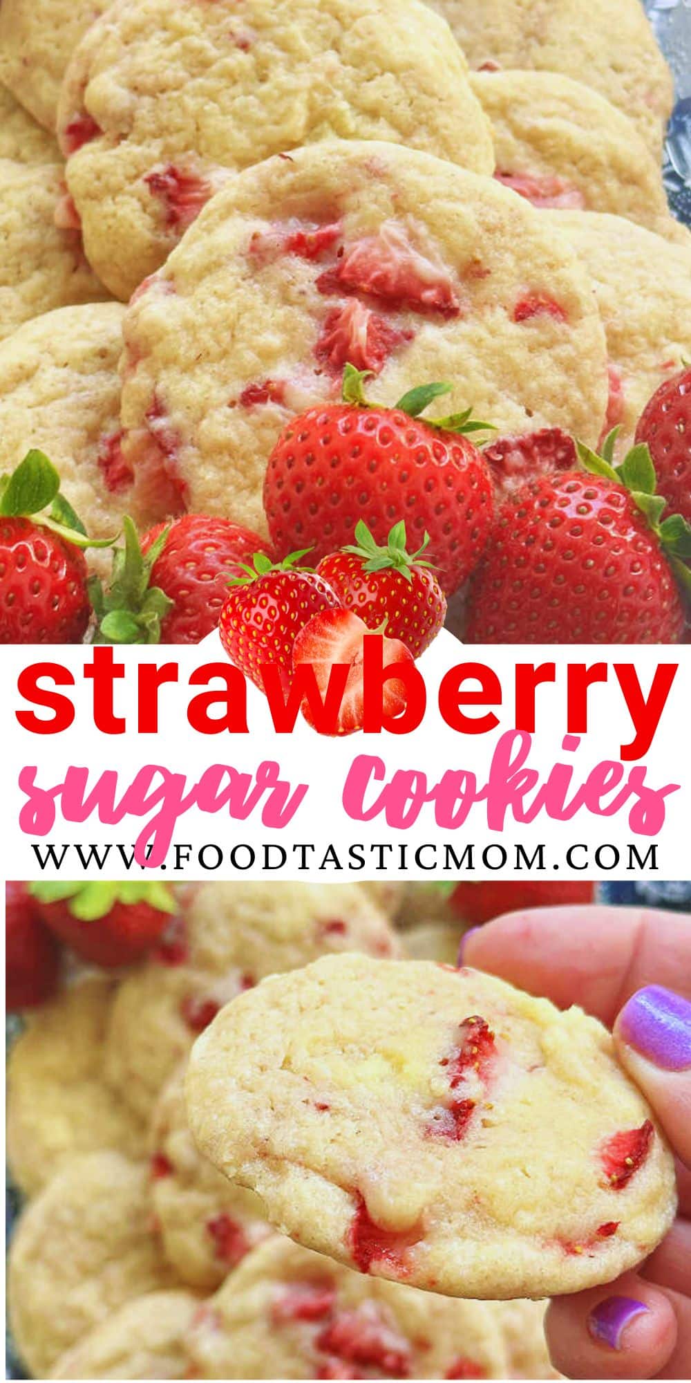 These Strawberry Sugar Cookies combine my grandma's sugar cookie recipe with chopped fresh strawberries for the most delightful treat. Each cookie is like a mini strawberry cake! via @foodtasticmom