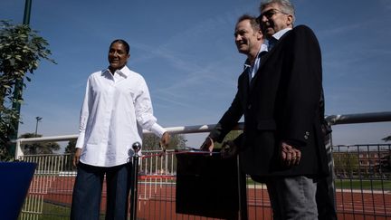 22 mars 2024. Inauguration de la nouvelle piste d'athlétisme de l’Institut national du sport, de l’expertise et de la performance, qui porte le nom de la triple championne olympique, Marie-José Pérec. Une piste avec de la fibre optique, capable de détecter tous les contacts avec le sol. (MATHILDE KACZKOWSKI / HANS LUCAS VIA AFP)