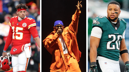 Patrick Mahomes, Kendrick Lamar et Saquon Barkley (de g. à dr.), les trois têtes d'affiche du Super Bowl 2025. (AFP)