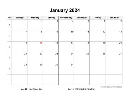 Free 2024 Calendar Blank January Template (horizontal) | Free-calendar ...