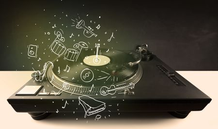 Turntable playing classical music with icon drawn instruments concept on background