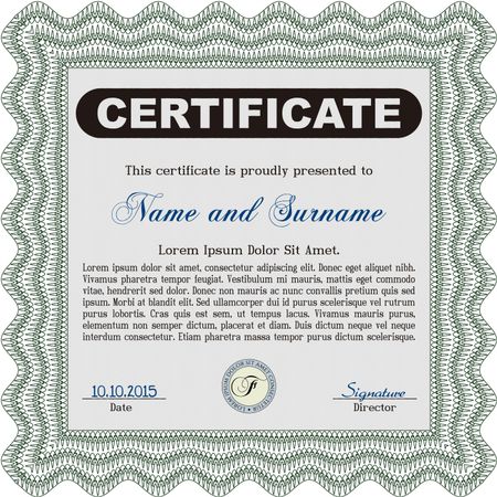 Certificate. Detailed. Complex design. Printer friendly. Green color.