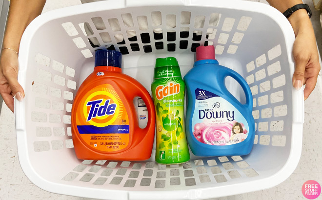 A Woman Holding Tide Gain and Downy Products in Plastic Basket