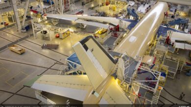 A large aircraft seen on the production line as it is built.