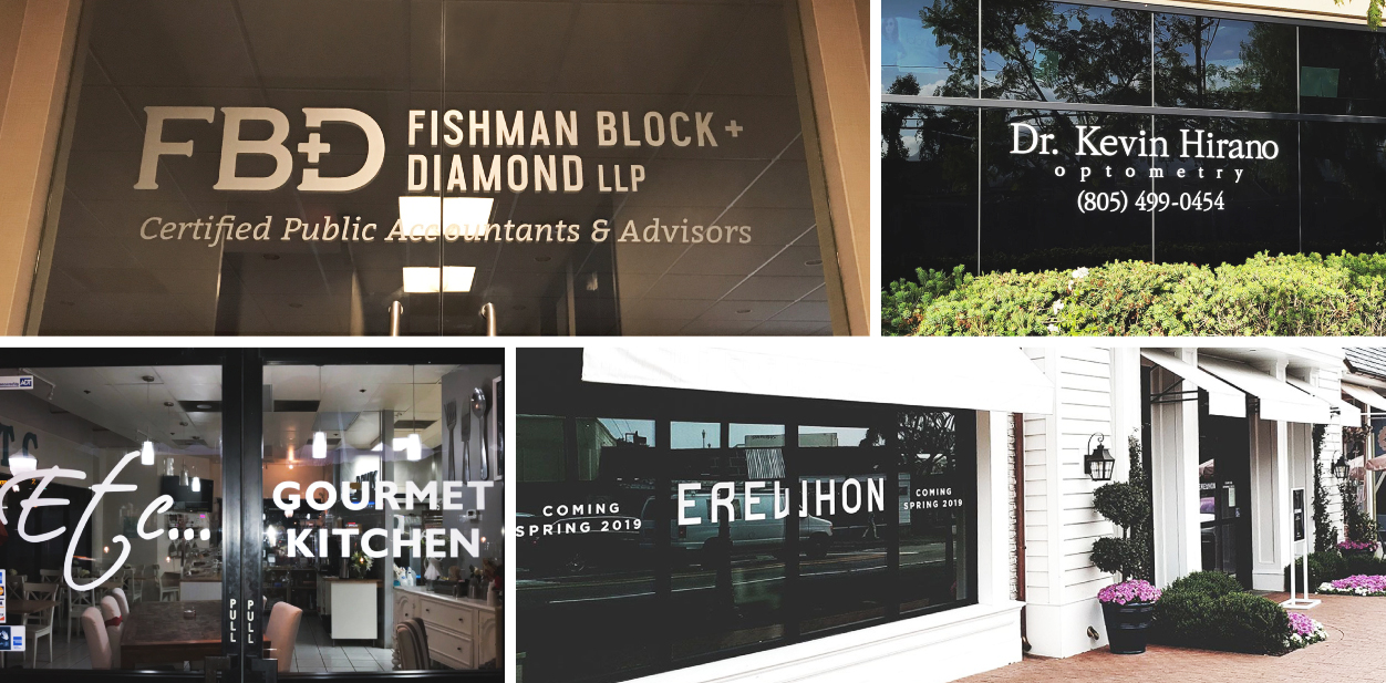 Commercial sign ideas with branded lettering displayed on building windows