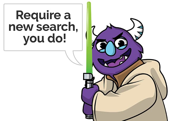 Monster in a goofy costume stating the searched product cannot be found