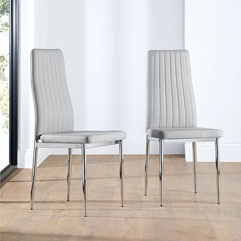 Leon Dining Chair, Light Grey Premium Faux Leather & Chrome