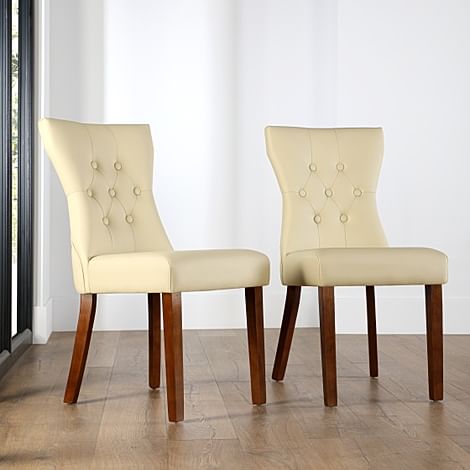 Bewley Dining Chair, Ivory Premium Faux Leather & Dark Solid Hardwood