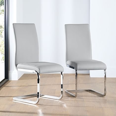 Perth Dining Chair, Light Grey Premium Faux Leather & Chrome