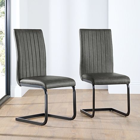 Perth Dining Chair, Vintage Grey Premium Faux Leather & Black Steel