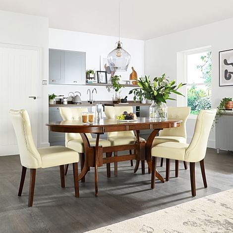 Townhouse Oval Extending Dining Table & 4 Bewley Chairs, Dark Solid Hardwood, Ivory Premium Faux Leather, 150-180cm