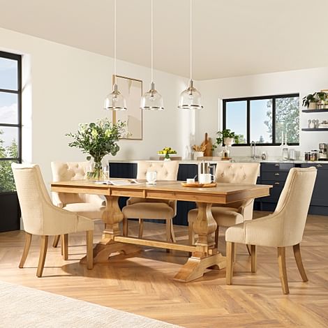 Cavendish Extending Dining Table & 6 Duke Chairs, Natural Oak Veneer & Solid Hardwood, Oatmeal Classic Linen-Weave Fabric & Natural Oak Finished Solid Hardwood, 160-200cm