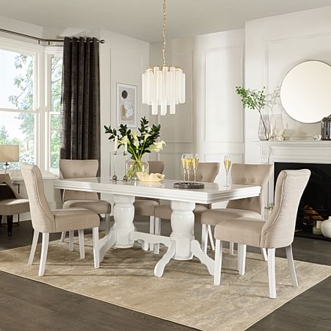 Chatsworth Extending Dining Table & 4 Bewley Chairs, White Wood, Oatmeal Classic Linen-Weave Fabric, 150-180cm