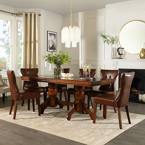 Chatsworth Extending Dining Table & 6 Bewley Chairs, Dark Solid Hardwood, Club Brown Premium Faux Leather, 150-180cm