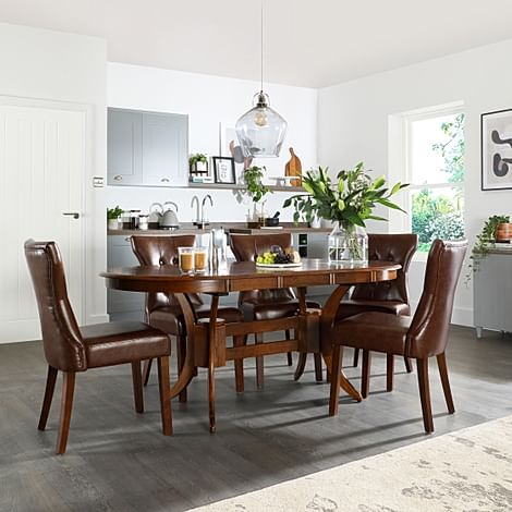 Townhouse Oval Extending Dining Table & 6 Bewley Chairs, Dark Solid Hardwood, Club Brown Premium Faux Leather, 150-180cm