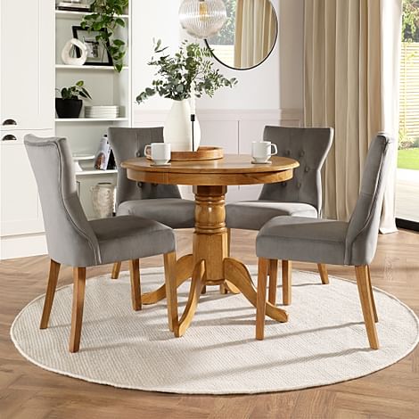 Kingston Round Dining Table & 4 Bewley Chairs, Natural Oak Finished Solid Hardwood, Grey Classic Velvet, 90cm