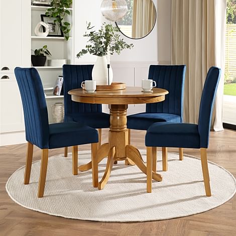 Kingston Round Dining Table & 4 Salisbury Chairs, Natural Oak Finished Solid Hardwood, Blue Classic Velvet, 90cm