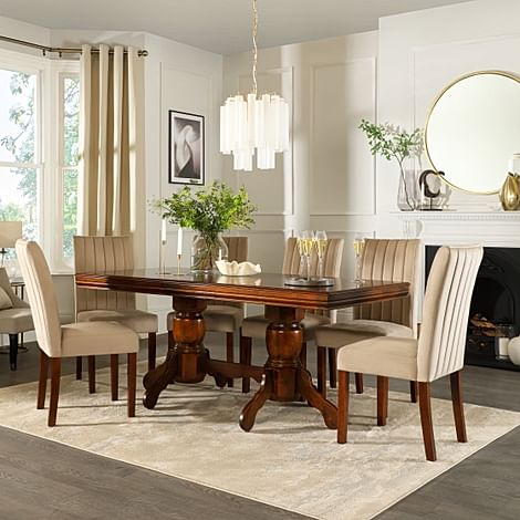 Chatsworth Extending Dining Table & 6 Salisbury Chairs, Dark Solid Hardwood, Champagne Classic Velvet, 150-180cm