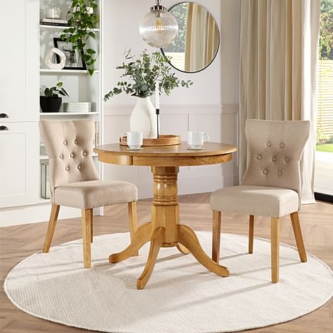 Kingston Round Dining Table & 2 Bewley Chairs, Natural Oak Finished Solid Hardwood, Oatmeal Classic Linen-Weave Fabric, 90cm