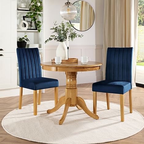 Kingston Round Dining Table & 2 Salisbury Chairs, Natural Oak Finished Solid Hardwood, Blue Classic Velvet, 90cm