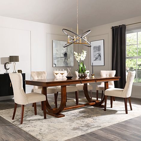 Pavilion Extending Dining Table & 6 Bewley Chairs, Dark Oak Veneer & Solid Hardwood, Oatmeal Classic Linen-Weave Fabric & Dark Solid Hardwood, 180-225cm