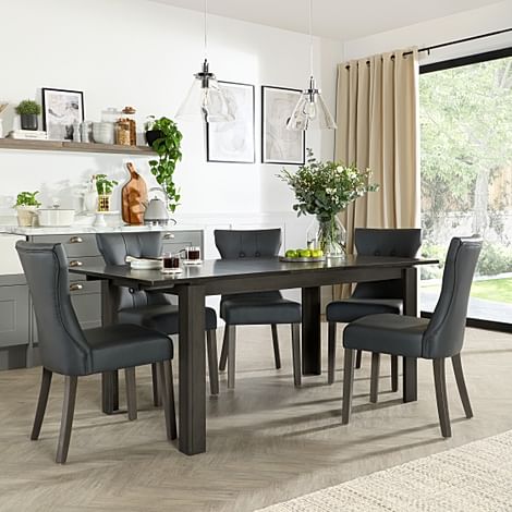 Bali Extending Dining Table & 6 Bewley Chairs, Grey Solid Hardwood, Grey Premium Faux Leather, 150-180cm