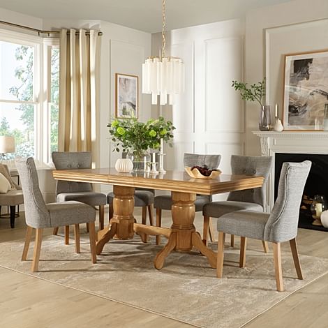 Chatsworth Extending Dining Table & 6 Bewley Chairs, Natural Oak Finished Birch Veneer & Solid Hardwood, Light Grey Classic Linen-Weave Fabric & Natural Oak Finished Solid Hardwood, 150-180cm