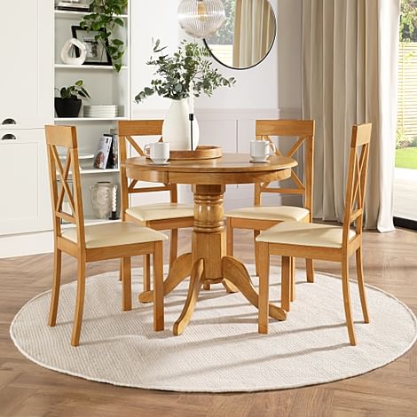 Kingston Round Dining Table & 4 Kendal Chairs, Natural Oak Finished Solid Hardwood, Ivory Classic Faux Leather, 90cm