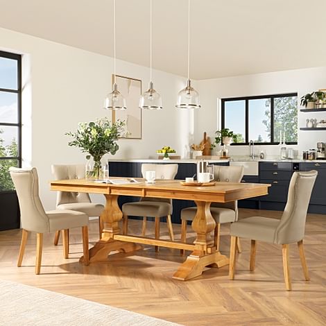 Cavendish Extending Dining Table & 4 Bewley Chairs, Natural Oak Veneer & Solid Hardwood, Stone Grey Premium Faux Leather & Natural Oak Finished Solid Hardwood, 160-200cm