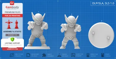 Chubby Wolverine 3D model in dynamic pose, with base for 3D printing, shown from multiple angles.