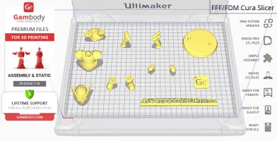 STL files for a chubby character model, displayed on a 3D printer bed in various components.