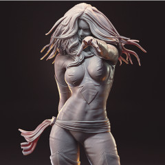 A dynamic 3D model of a powerful female figure with flowing hair, posed dramatically for printing.