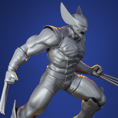 3D model of a muscular superhero with claws, wearing a mask and suit, in a dynamic pose.