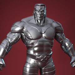 A metallic, muscular superhero figure with textured armor, standing confidently on a red background.