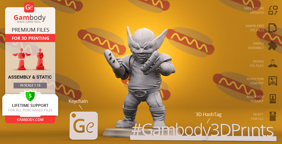 Chubby Wolverine 3D printed figurine in a dynamic pose, with background hotdog pattern.