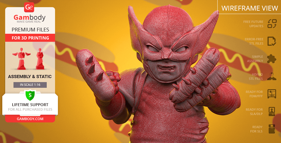 Chubby superhero figurine with claws in a dynamic pose, designed for 3D printing.