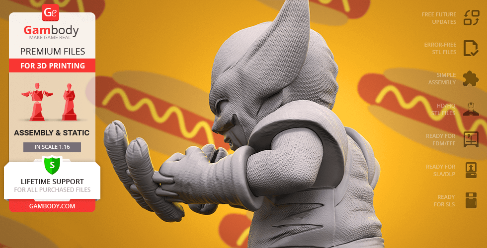 Chubby Wolverine 3D printed figure in a dynamic pose, with a playful hotdog-themed background.