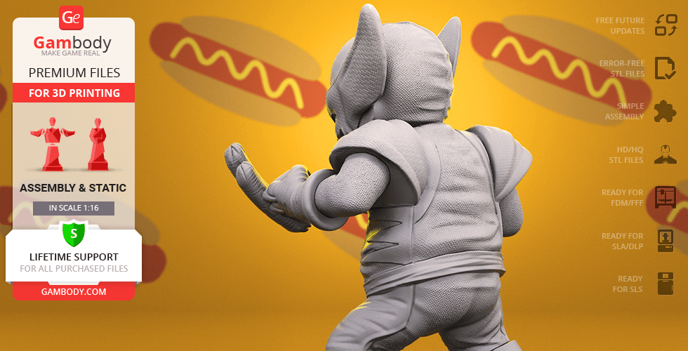 Chubby Wolverine 3D model from behind, wearing a textured suit, with hotdog graphics on a yellow background.