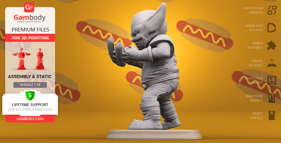 A stylized, chubby Wolverine figure in an action pose, designed for 3D printing on a display base.