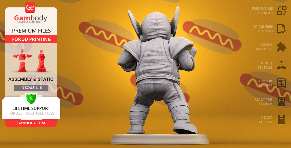 Chubby Wolverine 3D model, standing pose, detailed suit, with playful hotdog background.