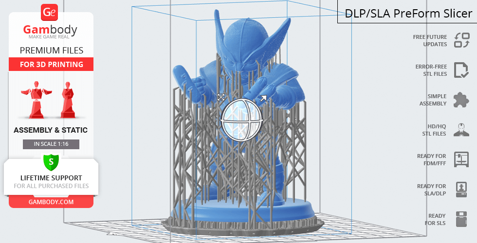 3D model of a chubby Wolverine figure prepared for printing with support structures.