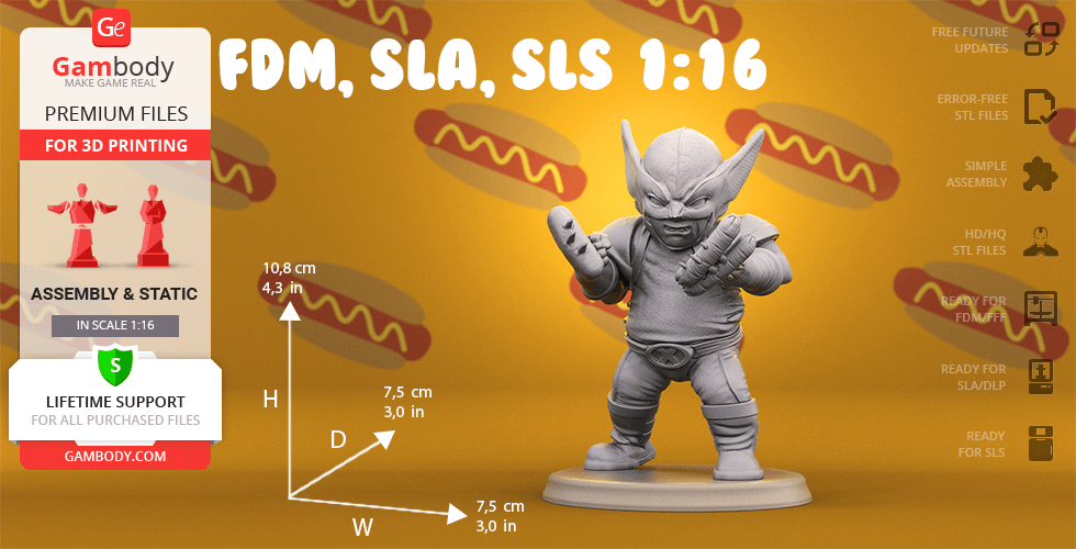 Chubby Wolverine 3D model in a dynamic pose, ready for 3D printing with multiple size options.