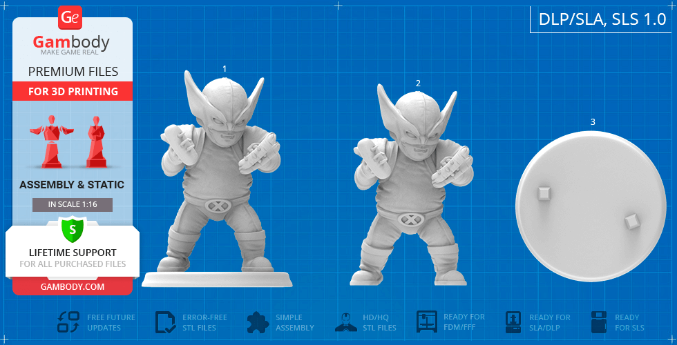 Chubby Wolverine 3D model in dynamic pose, with base for 3D printing, shown from multiple angles.