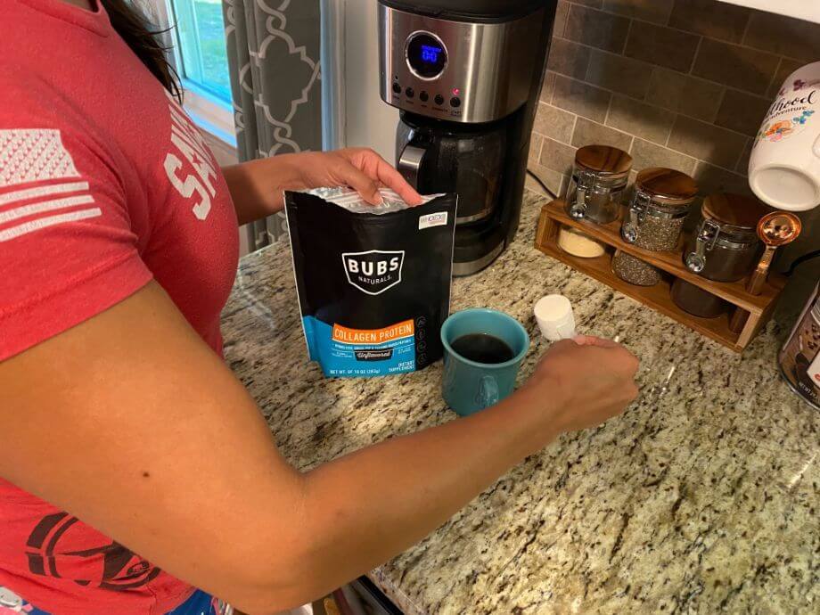 Woman Pouring Bubs Collagen Into Coffee