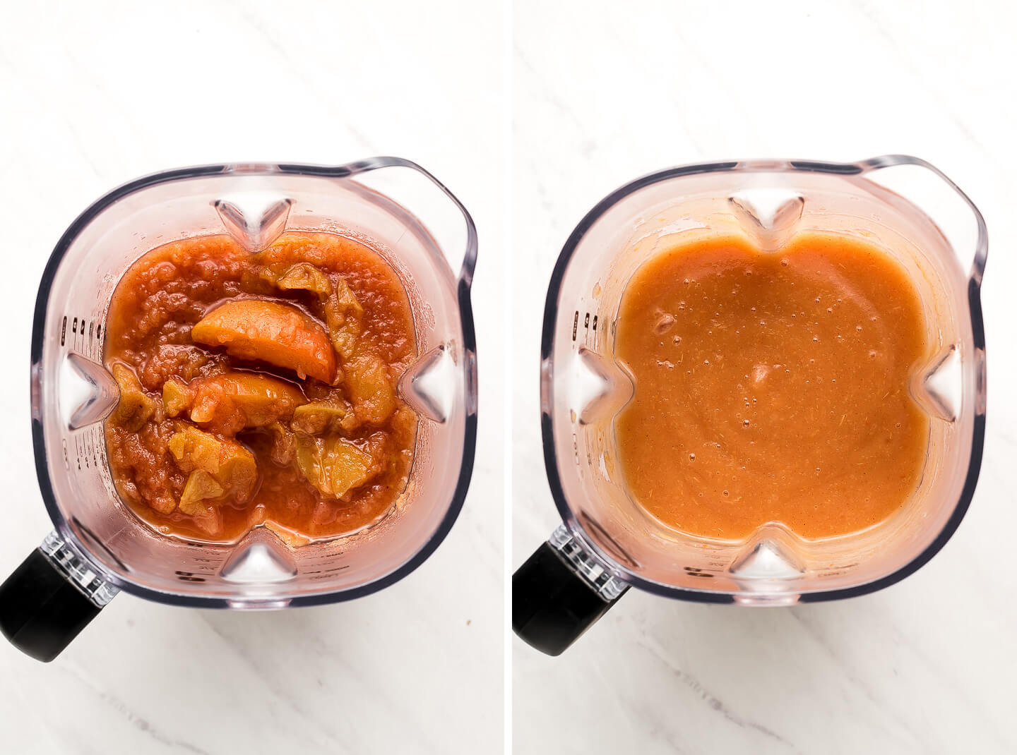 Diptych- Cooked apples in a blender; pureed apples.