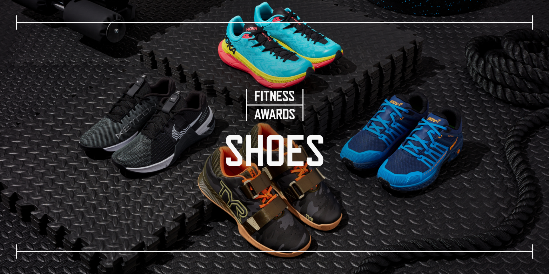 4 pairs of fitness shoes in various colors laid out on black rubber gym flooring with text stating fitness awards shoes laid over top the photo