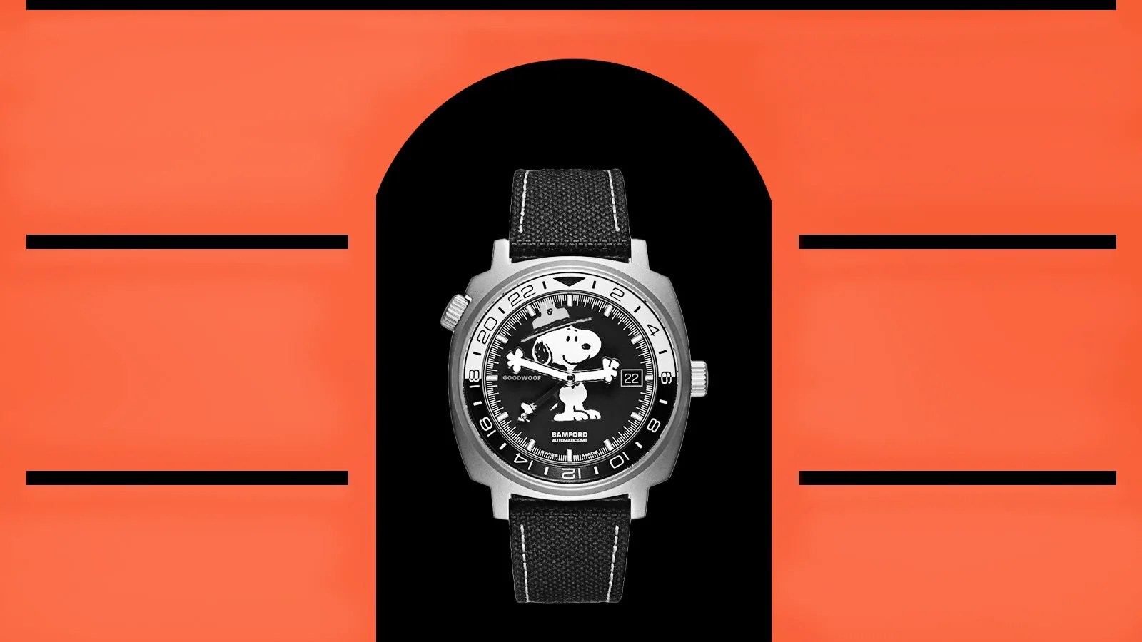 An image of a Bamford of London watch in black in white positioned in the middle of a black cartoon doorway of a red dog house belonging to snoopy