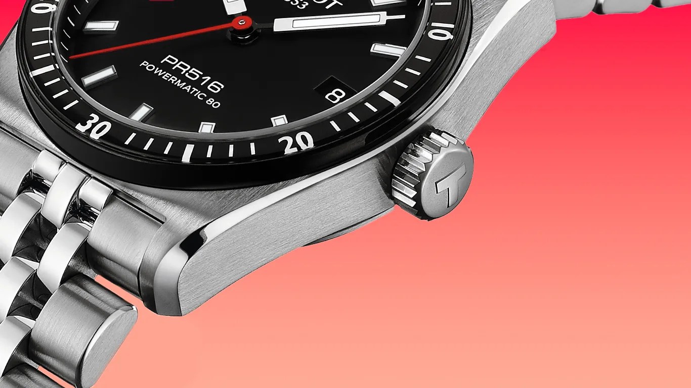 a closeup of a modernized tissot james bond dive watch against a red gradient background